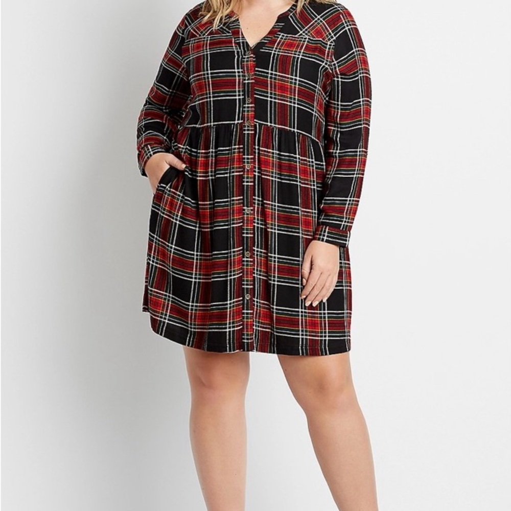 Maurices NWT Red and Black Plaid Button Front Babydoll Dress